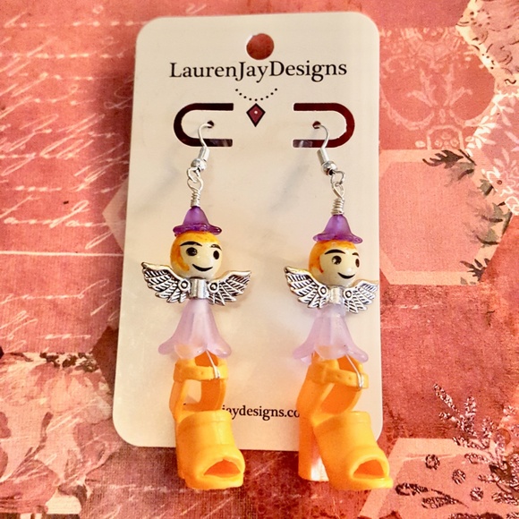 Barbie Jewelry - Shoe Fairies Barbie Orange High Heel Shoes Miniature Fairy Dolls Dangle Earrings